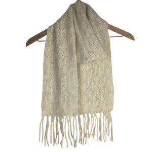 ANGORA Rabbit Hair Wool Blend Scarf Fresh Ivory Fringe Neutral Coastal Grandma